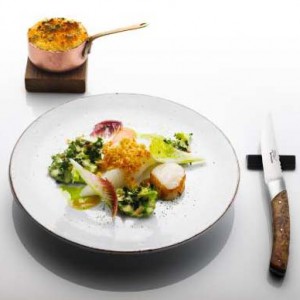 Filip Fastén, Restaurant Frantzén, Stockholm - Skreirygg, krispiga fjäll och granrökt huvud, pilgrims-musslor bakade i sitt eget skal med rotselleribrandade, bränd stuvad grönkål, granolja, Matcha thé och syrade endiver