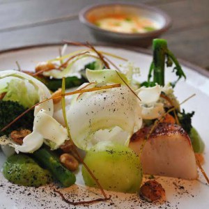 Markus Westh, The Flying Elk, Stockholm - Smörbakad skrei med halstrad pilgrimmussla, serveras med broccoli- och sjökorallkräm, broccoli, syrad gurka, purjolök, pepparrot, hasselnötter samt en rostad gräddsky